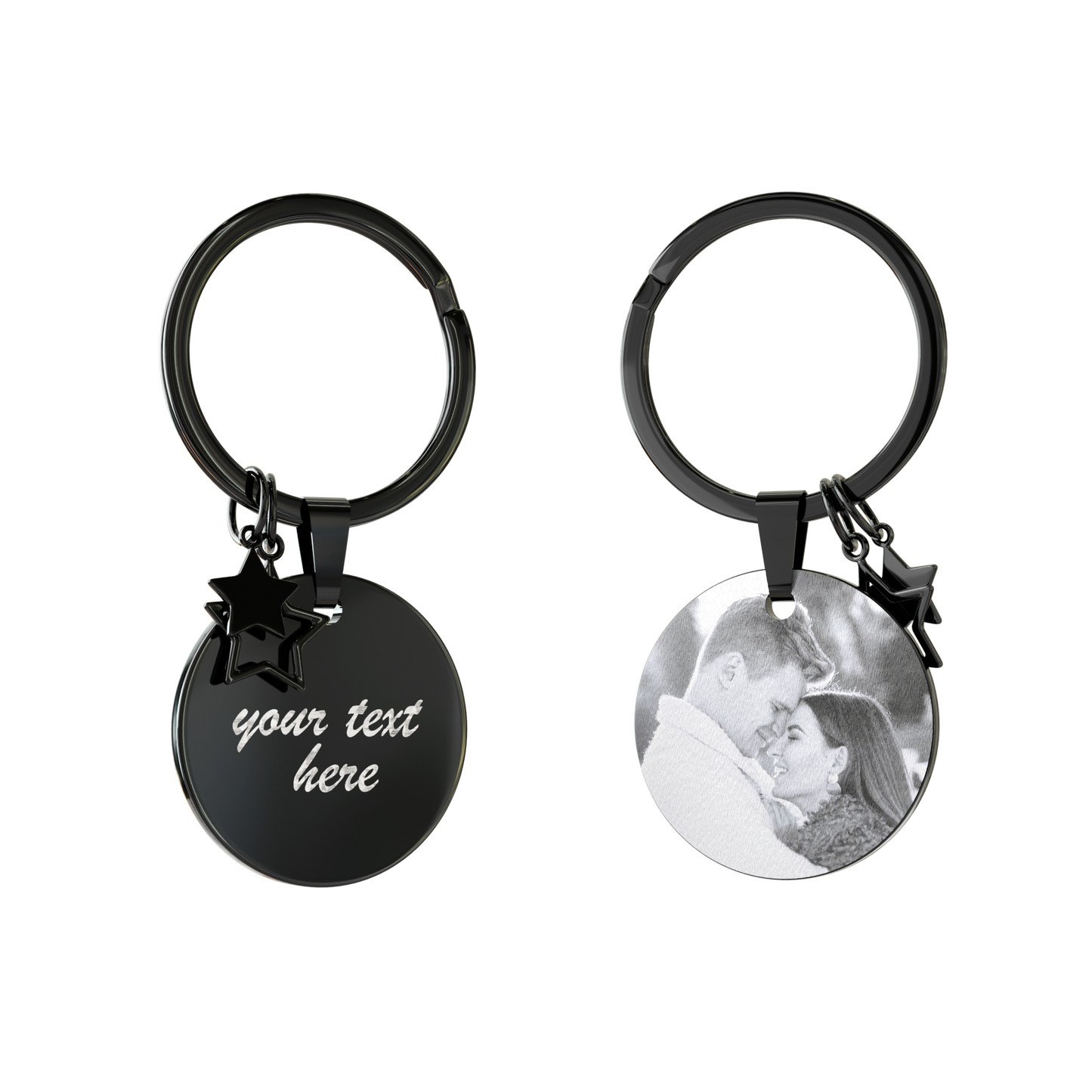 Custom Engraved Round Keychain with Star Details– Personalised Gift in Rose Gold, Silver, Black, Gold