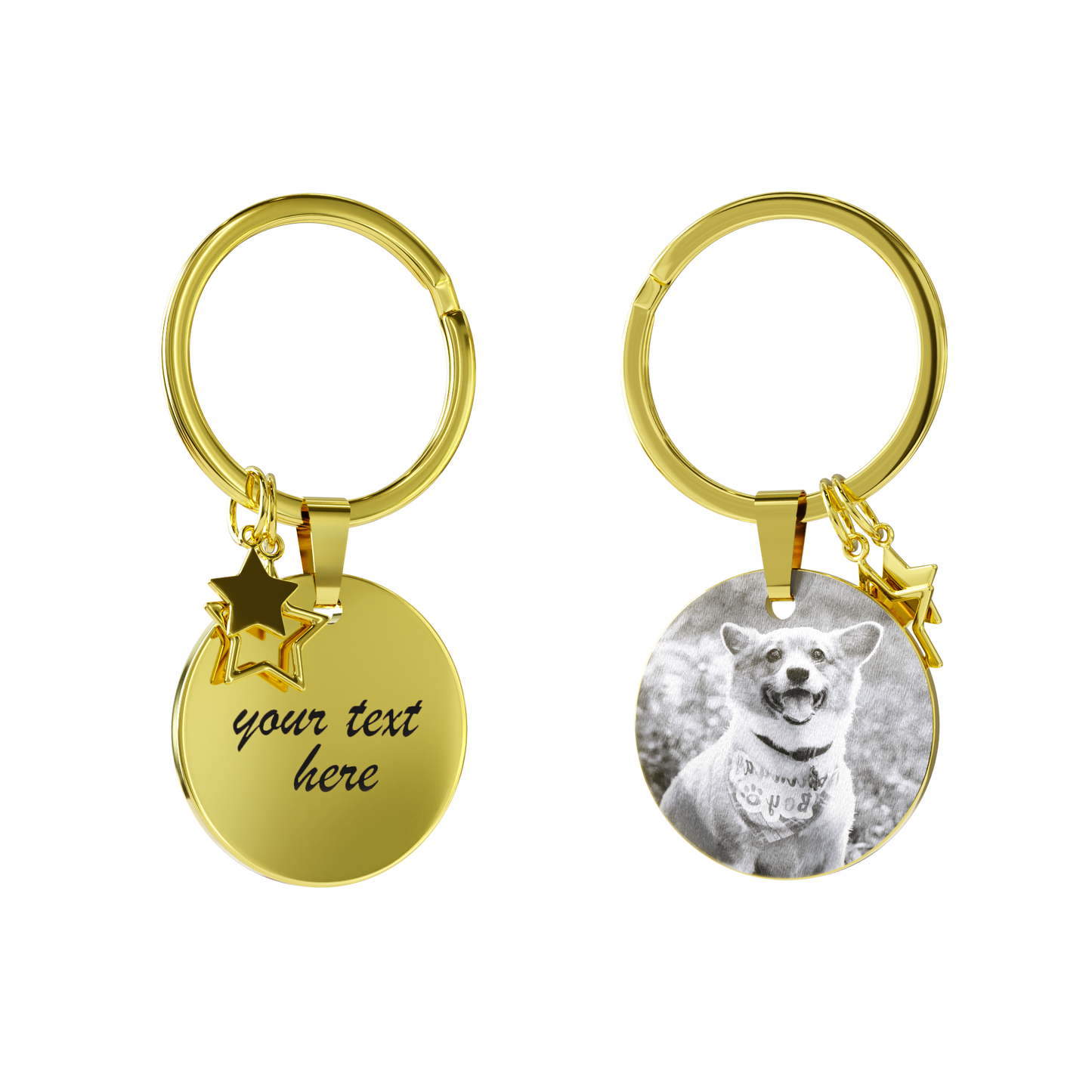 Custom Engraved Round Keychain with Star Details– Personalised Gift in Rose Gold, Silver, Black, Gold