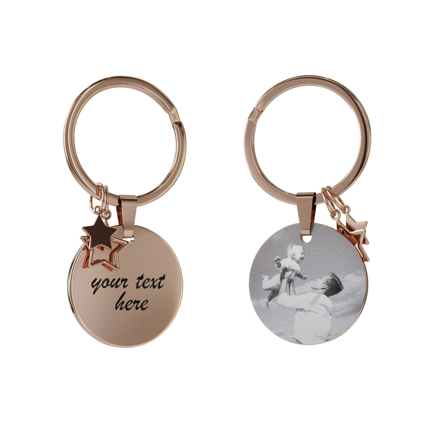 Custom Engraved Round Keychain with Star Details– Personalised Gift in Rose Gold, Silver, Black, Gold
