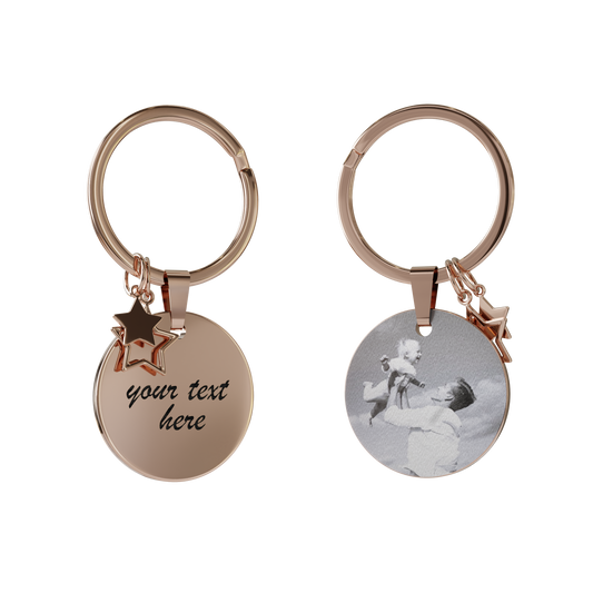 Custom Engraved Round Keychain with Star Details– Personalised Gift in Rose Gold, Silver, Black, Gold