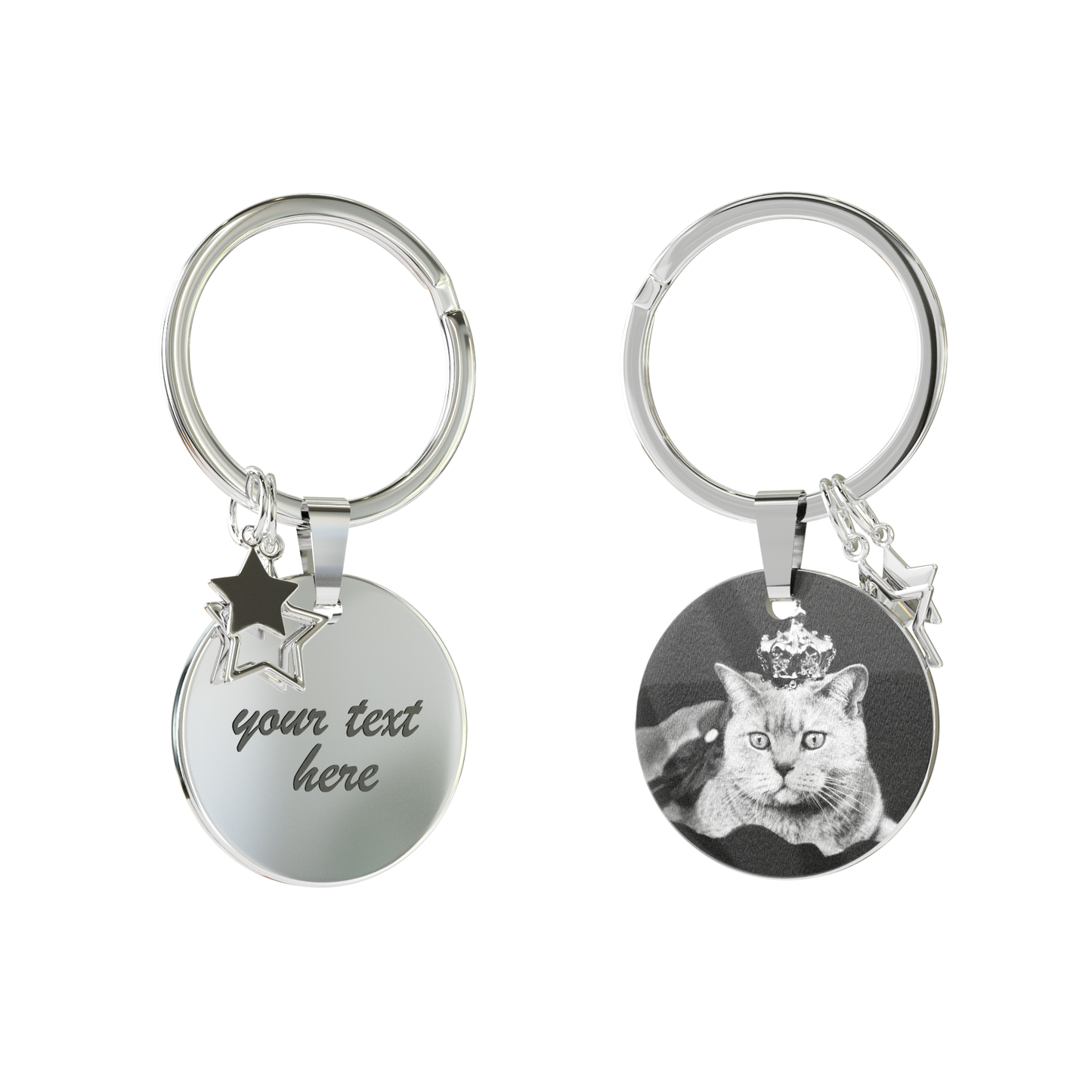 Custom Engraved Round Keychain with Star Details– Personalised Gift in Rose Gold, Silver, Black, Gold