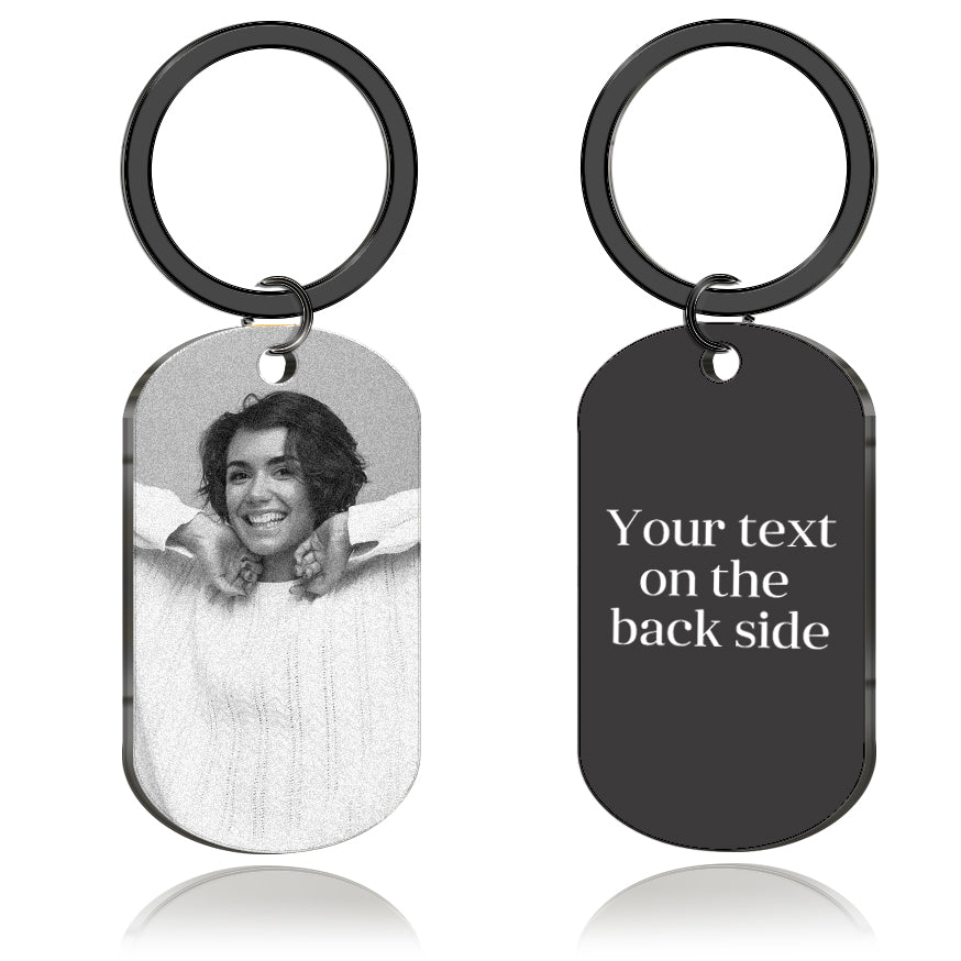 Black oval keychain with engraved text and a photo of a pretty girl – Custom personalised gift