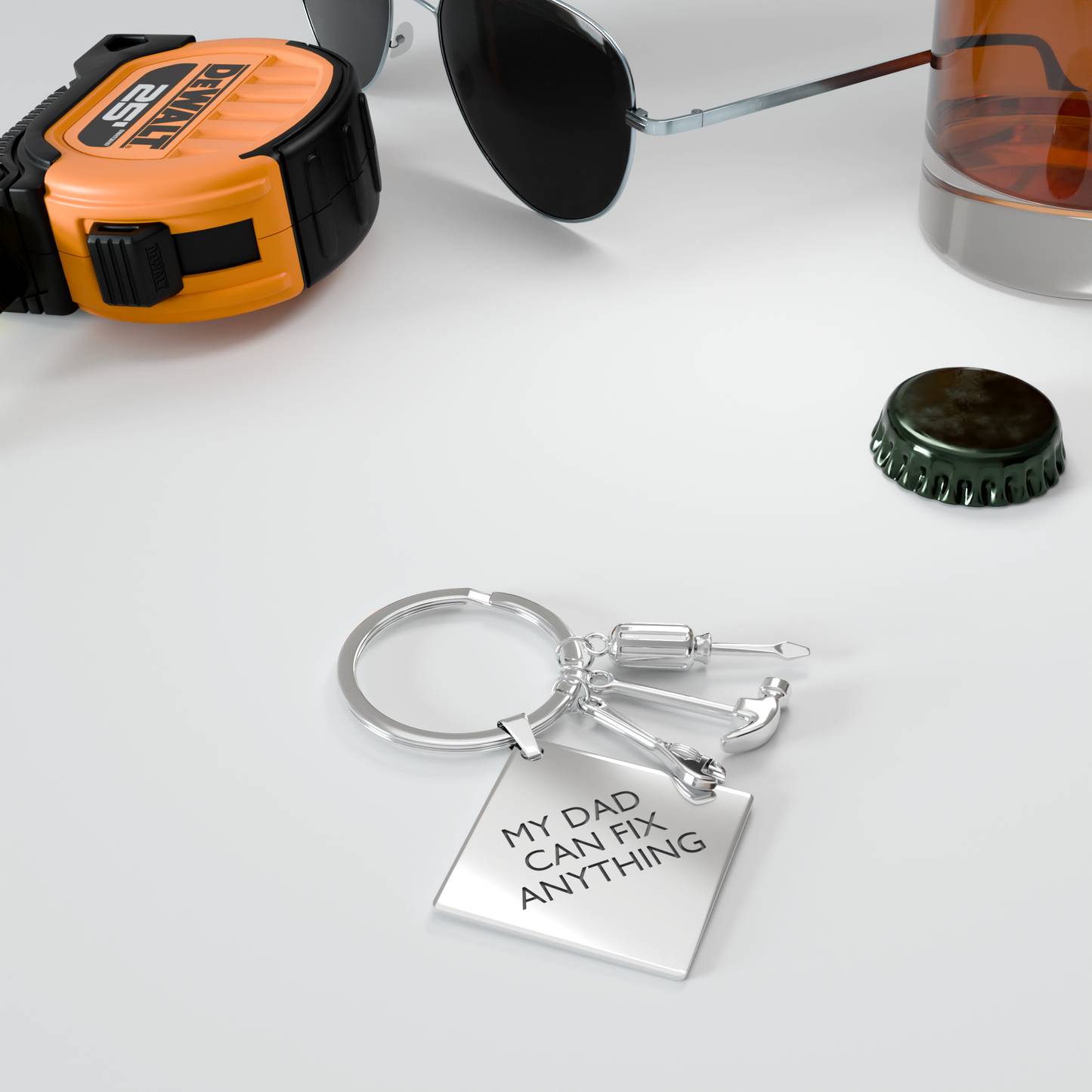 Personalised Rhombus Keychain with Hammer & Screwdriver Design – Custom Gift for Men in Silver