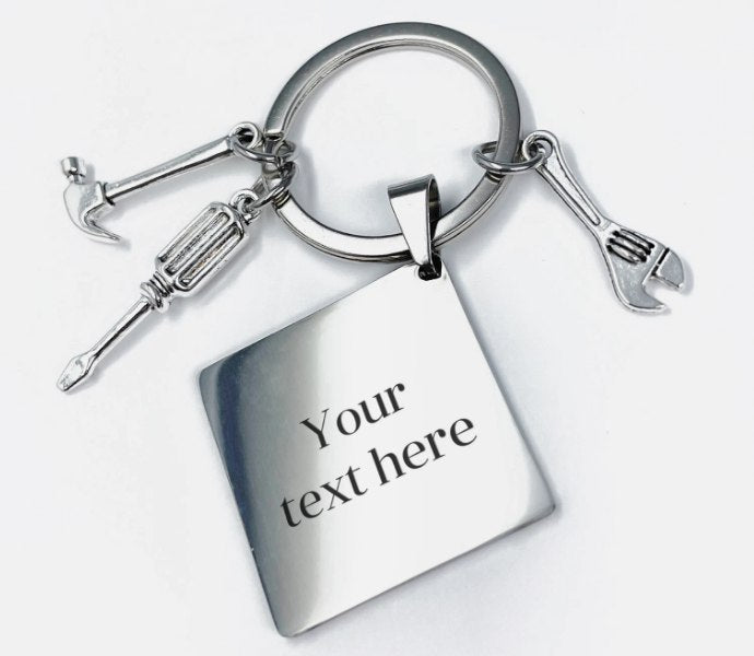 Personalised Rhombus Keychain with Hammer & Screwdriver Design – Custom Gift for Men in Silver