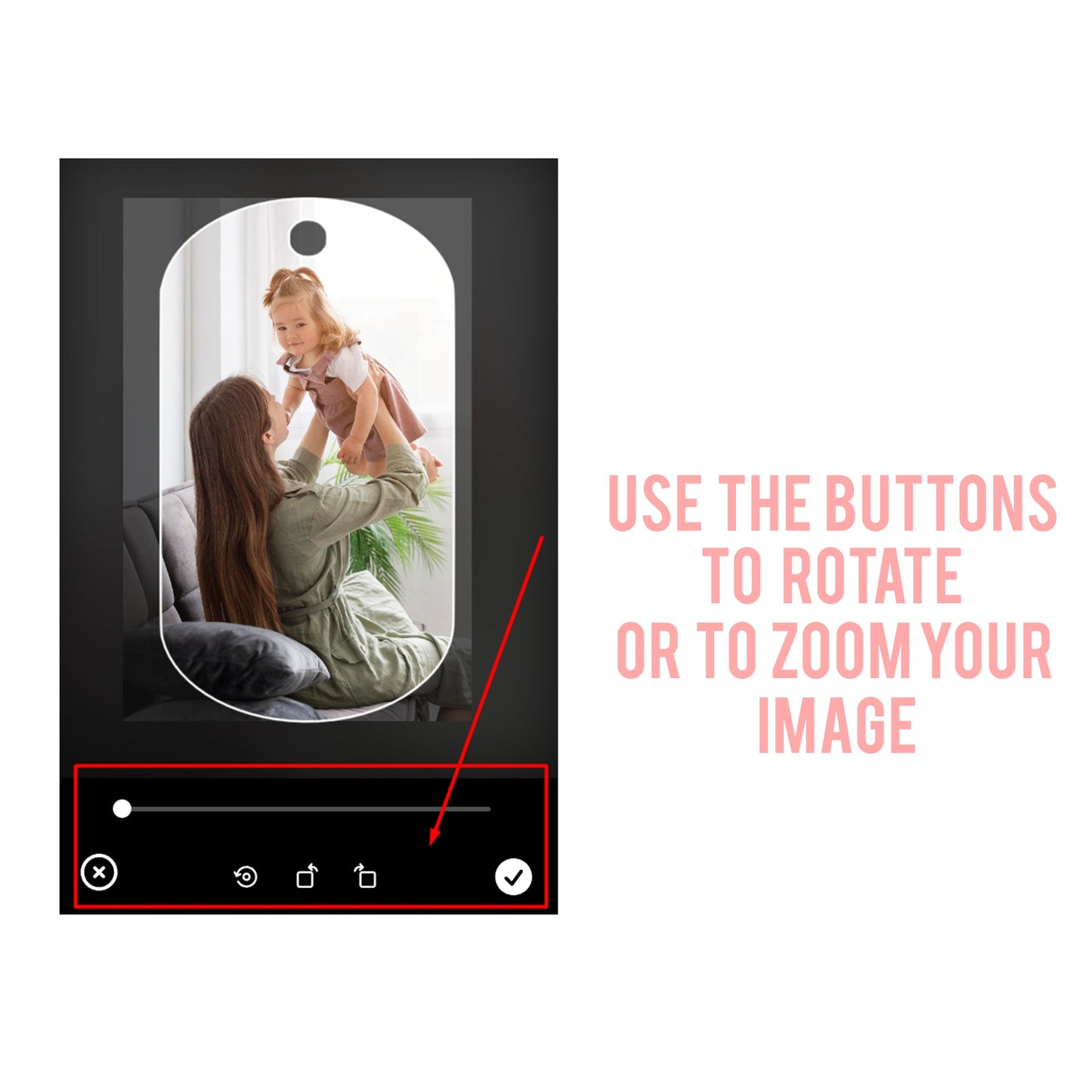 Use the buttons to rotate or zoom your image – Personalised 52mm oval keychain with engraving