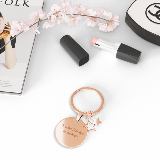 Custom Engraved Round Keychain with Star Details– Personalised Gift in Rose Gold, Silver, Black, Gold